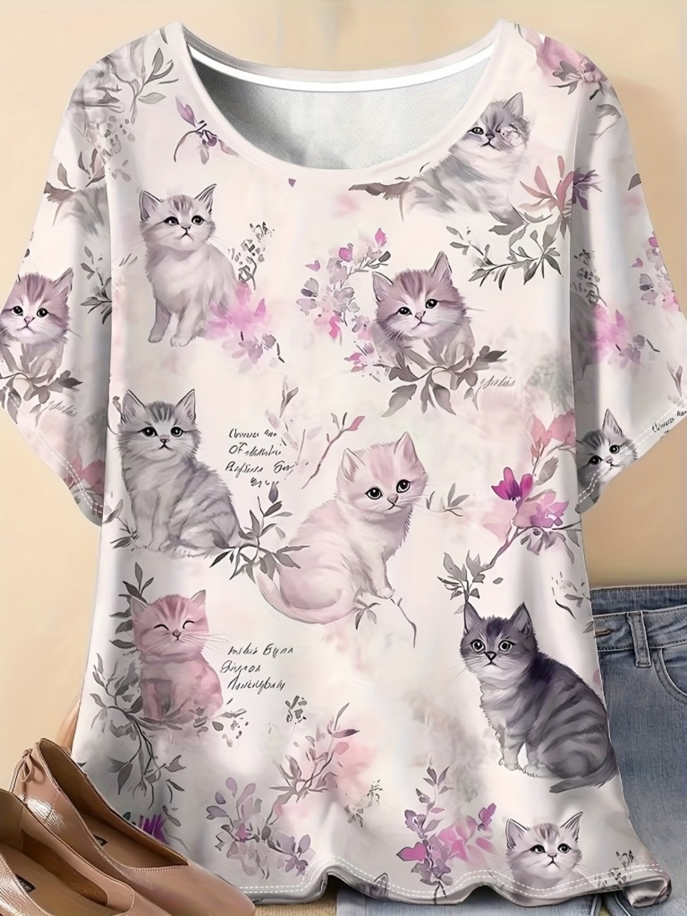 Watercolor Kitten Print T-Shirt 1XL Pink Cottagecore Cat Tee